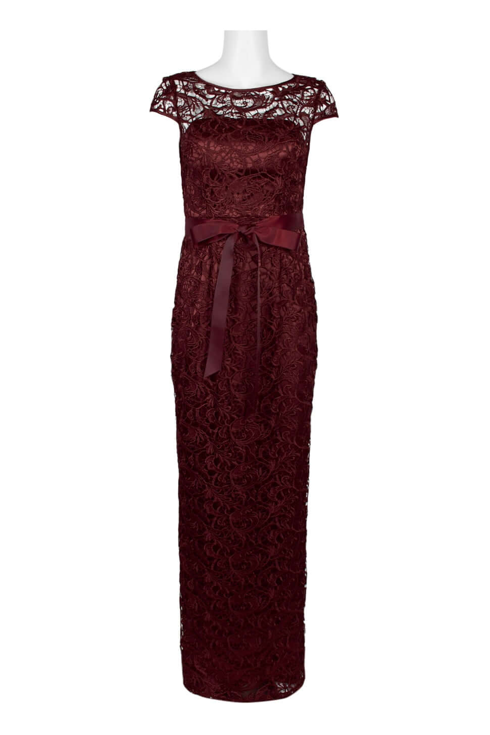 Adrianna Papell Boat Neck Cap Sleeve Tie Front Zipper Back Lace Gown - DEEP WINE - FRONT