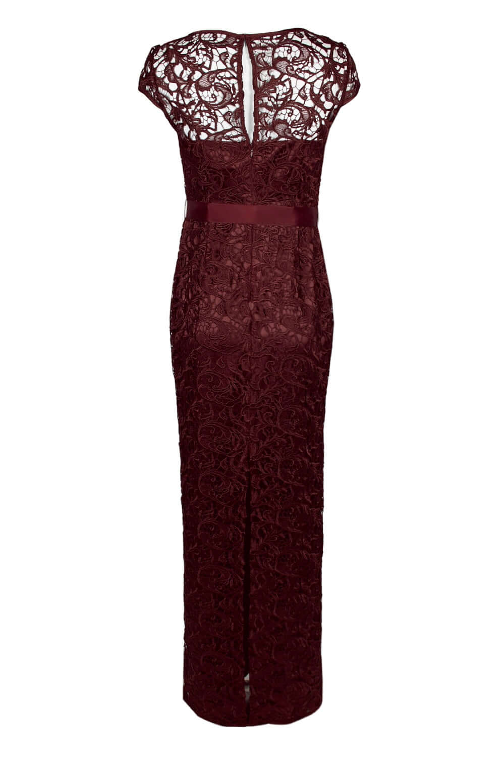 Adrianna Papell Boat Neck Cap Sleeve Tie Front Zipper Back Lace Gown - DEEP WINE - BACK