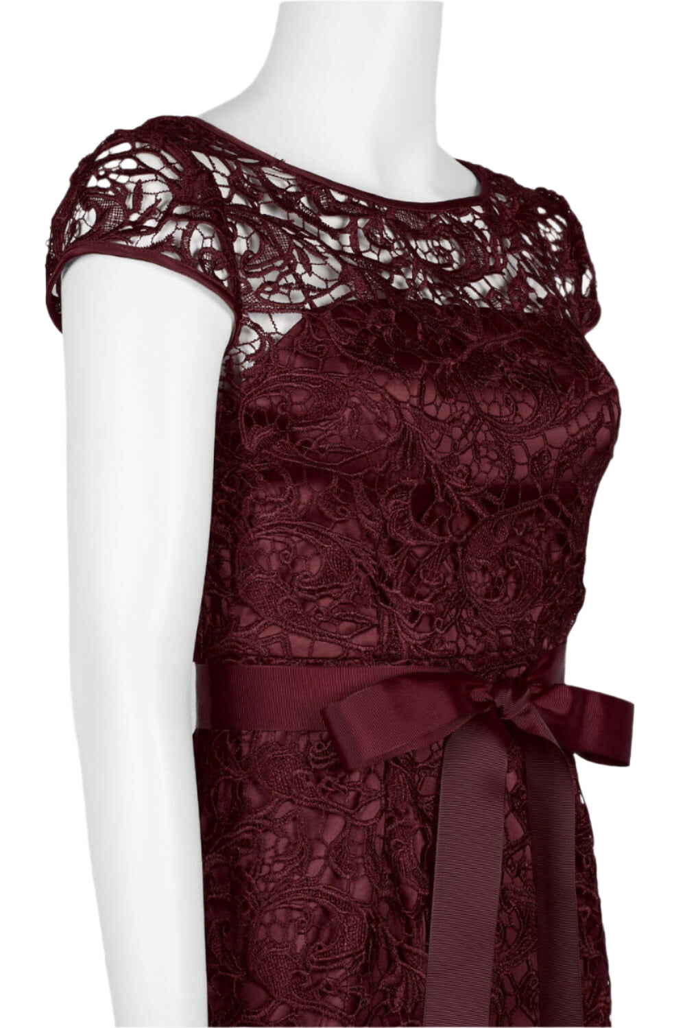Adrianna Papell Boat Neck Cap Sleeve Tie Front Zipper Back Lace Gown - DEEP WINE - TIE WAIST