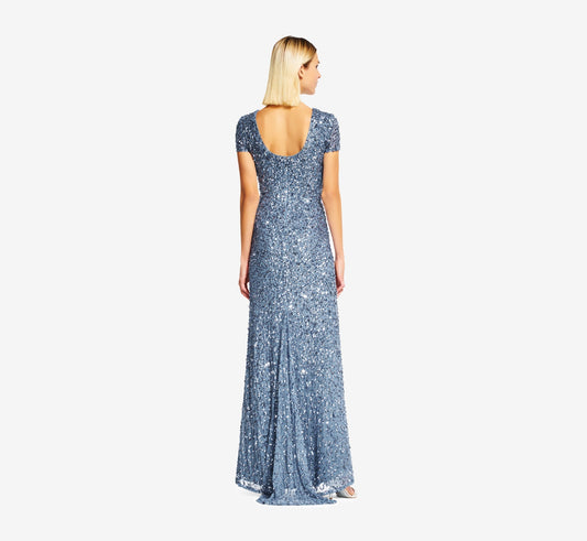 Nile Blue Crew-Neck Floor-Length Sequin Mesh Formal Evening Short Sleeve Sheath Dress Adrianna Papell 091874600