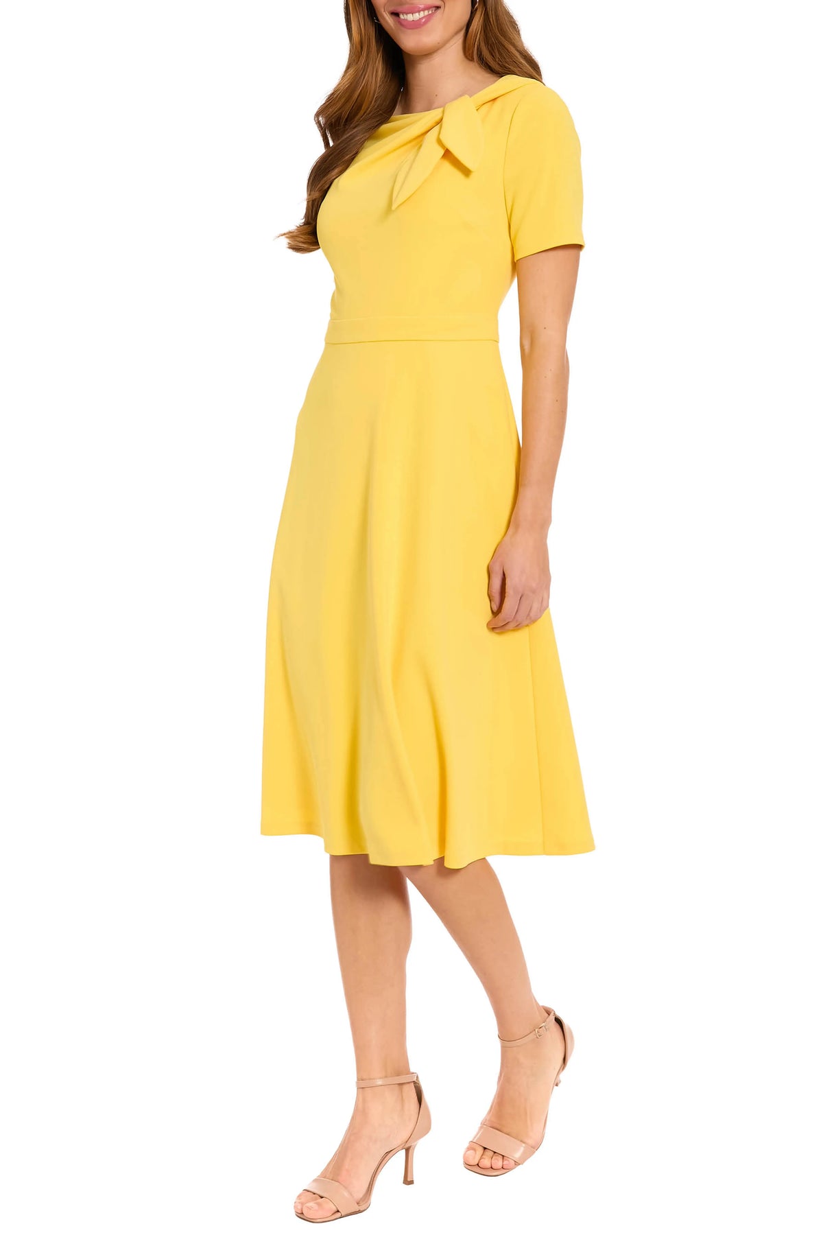 London Times Bow Neck Short Sleeve A Line Dress T8085M