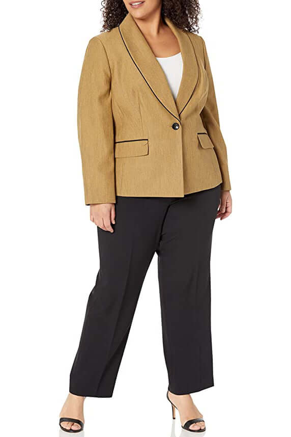 Le Suit V-Neck Long Sleeve Shawl Collar One Button Closure Mini Herringbone Jacket with Mid Waist Elastic Back Waist Solid Slim Pants (Plus Size) - DIJON BLACK - Front