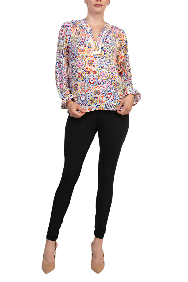 Grace Bohemian Intricate Tile Detail Crochet Trim Edges V-Neckline Elastic Cuffs Top Blouse Dress - WHITE MULTI - Front