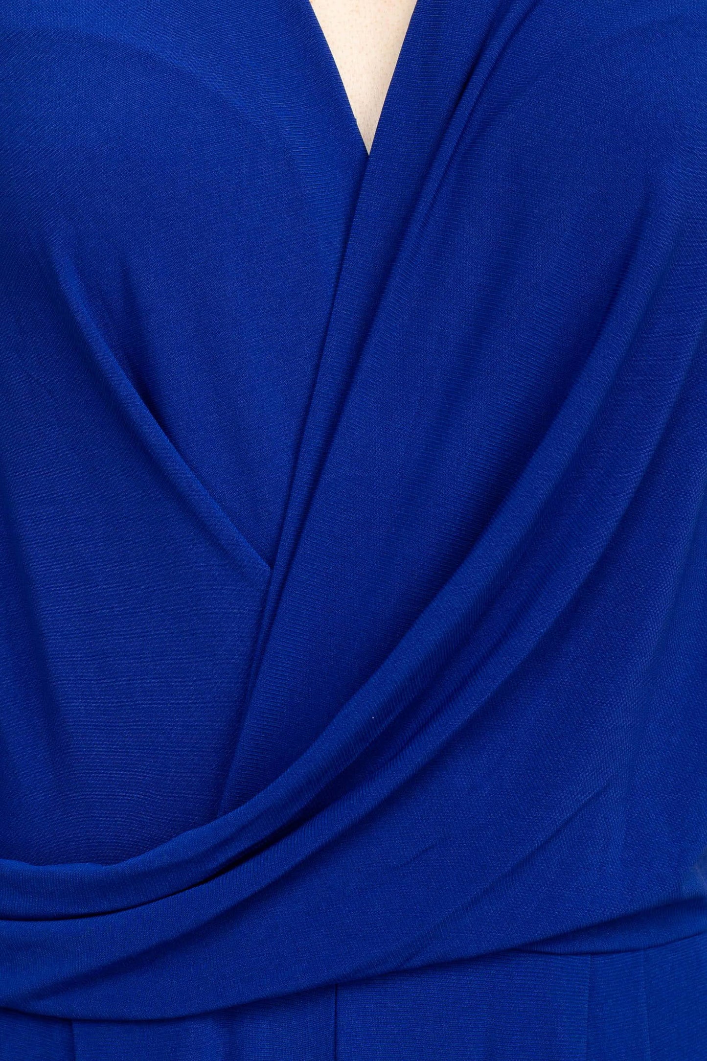 Emma & Michele V-Neck Cap Sleeve Draped Ruched Solid Keyhole Back ITY Jumpsuit with Pockets - ULTRA - draped detail