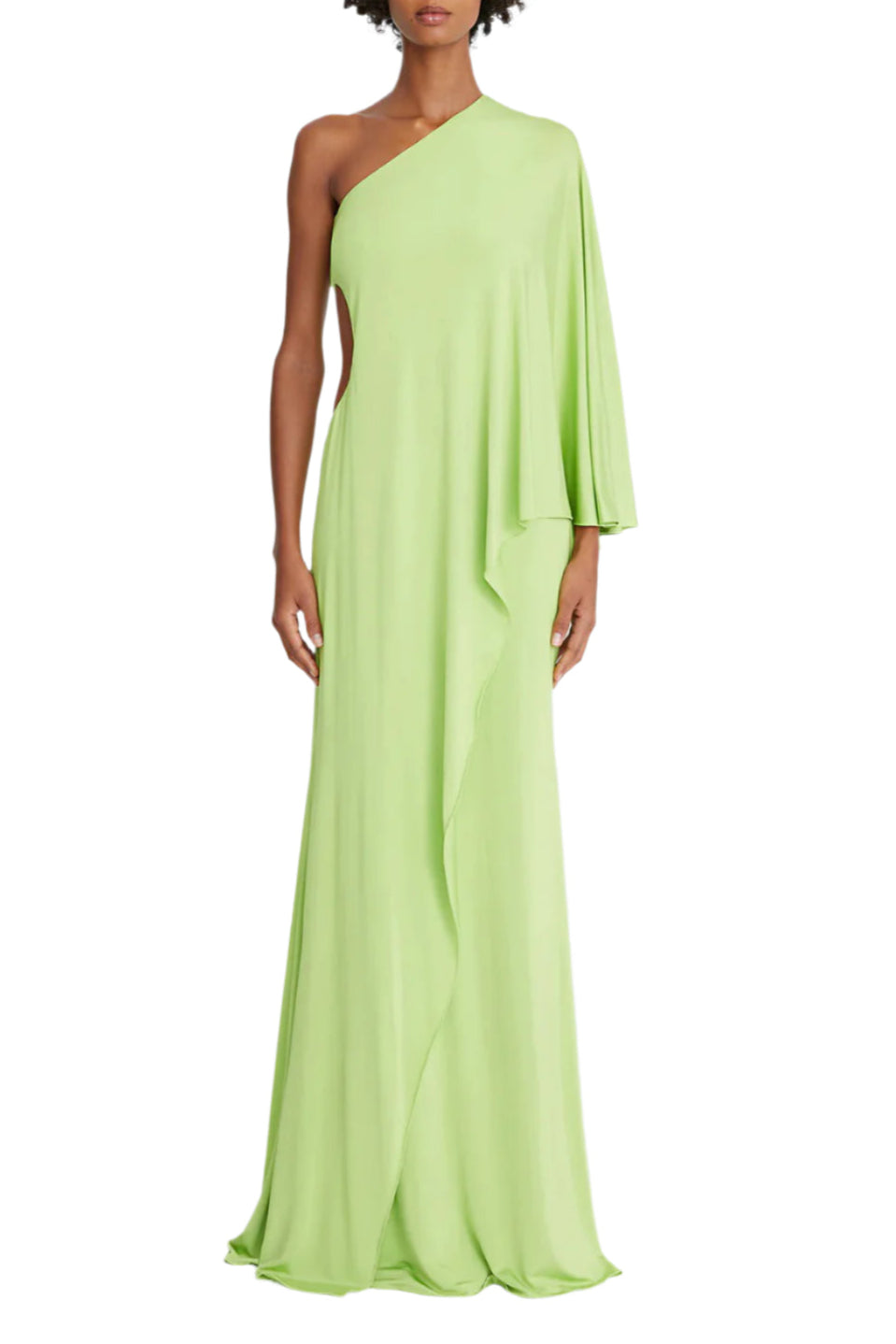 Halston One Shoulder Column Cascade Jersey Dress - NEON GREEN - Front