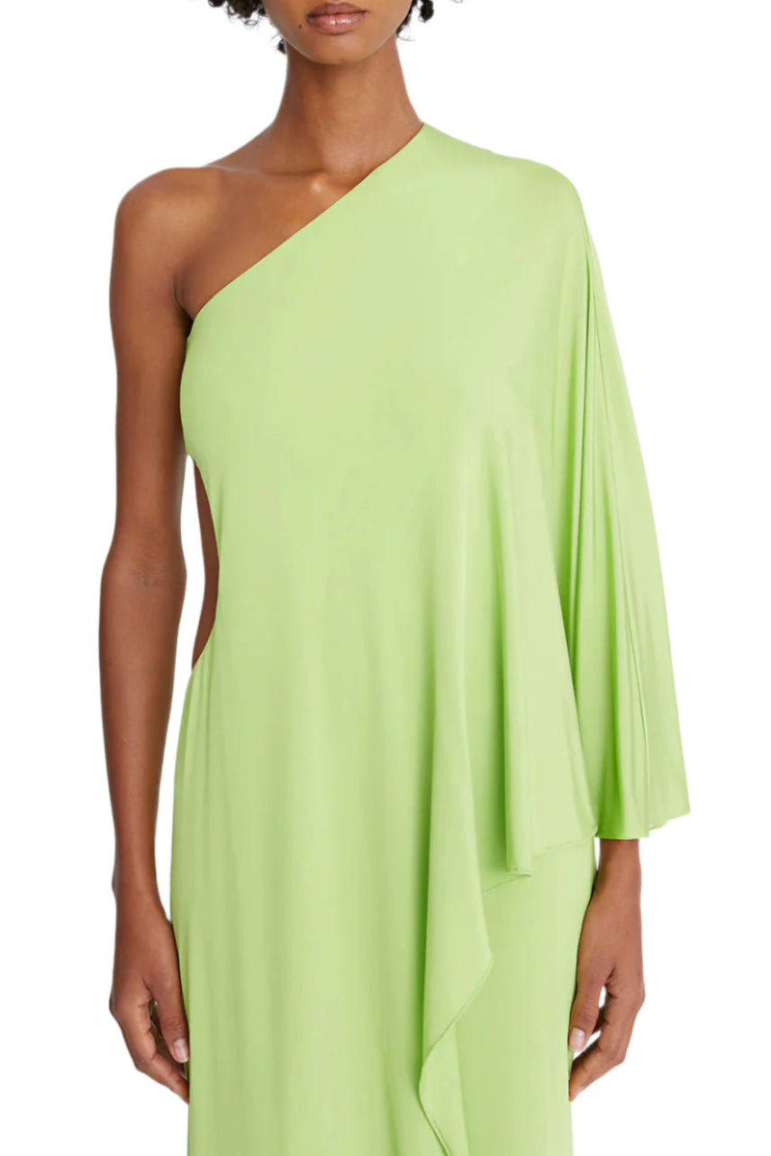Halston One Shoulder Column Cascade Jersey Dress - NEON GREEN - Front View