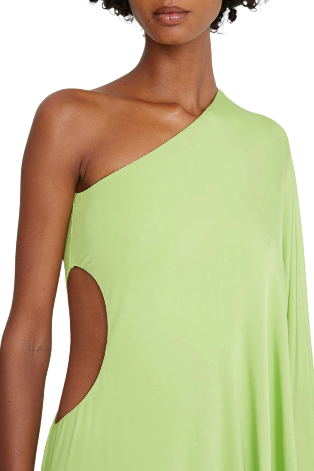 Halston One Shoulder Column Cascade Jersey Dress - NEON GREEN - Neck View