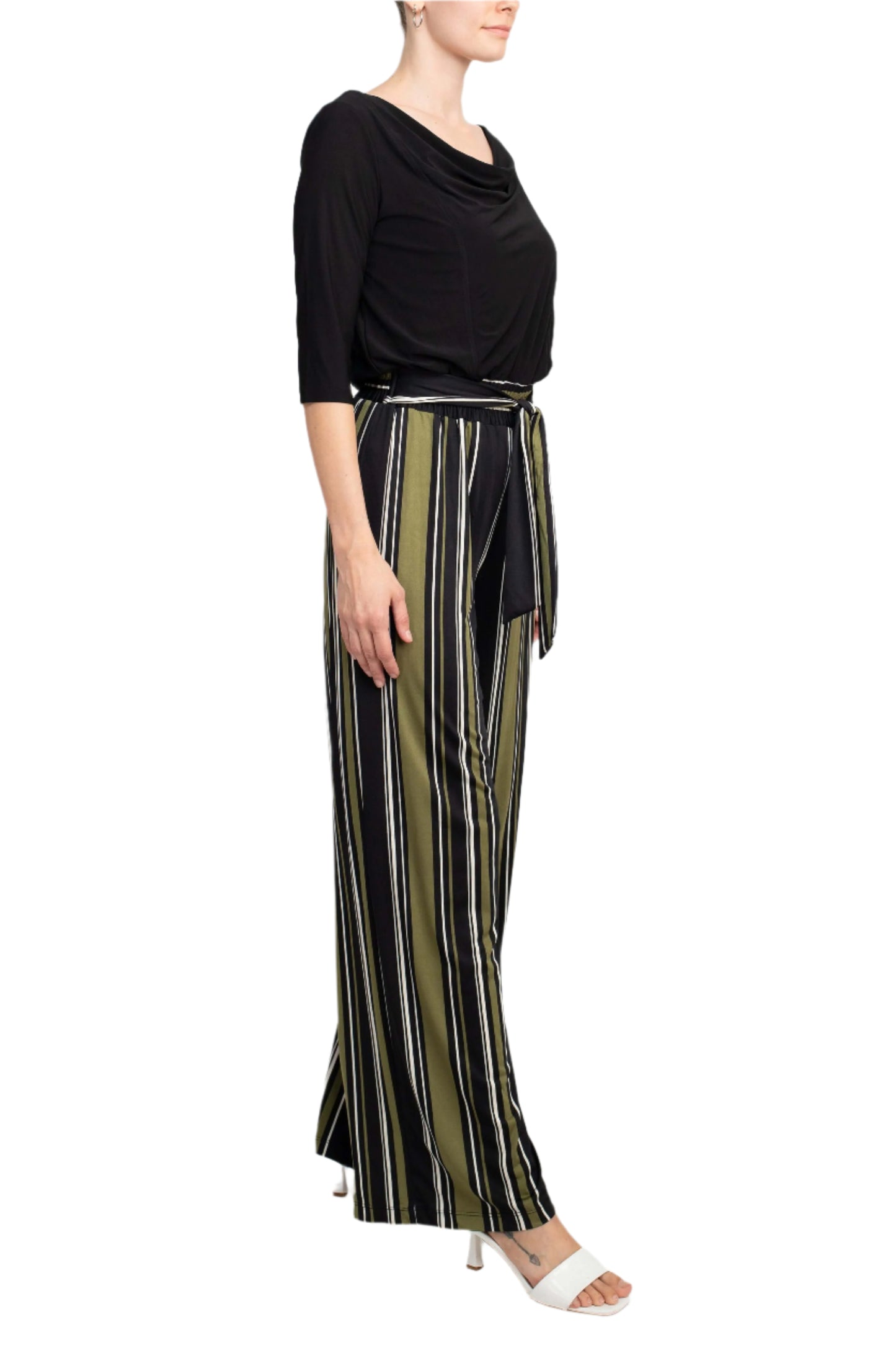 Emma & Michele Cowl Neck 3/4 Sleeve Tie Front Elastic Waist Jersey Jumpsuit - BLACK GREEN - SIDE