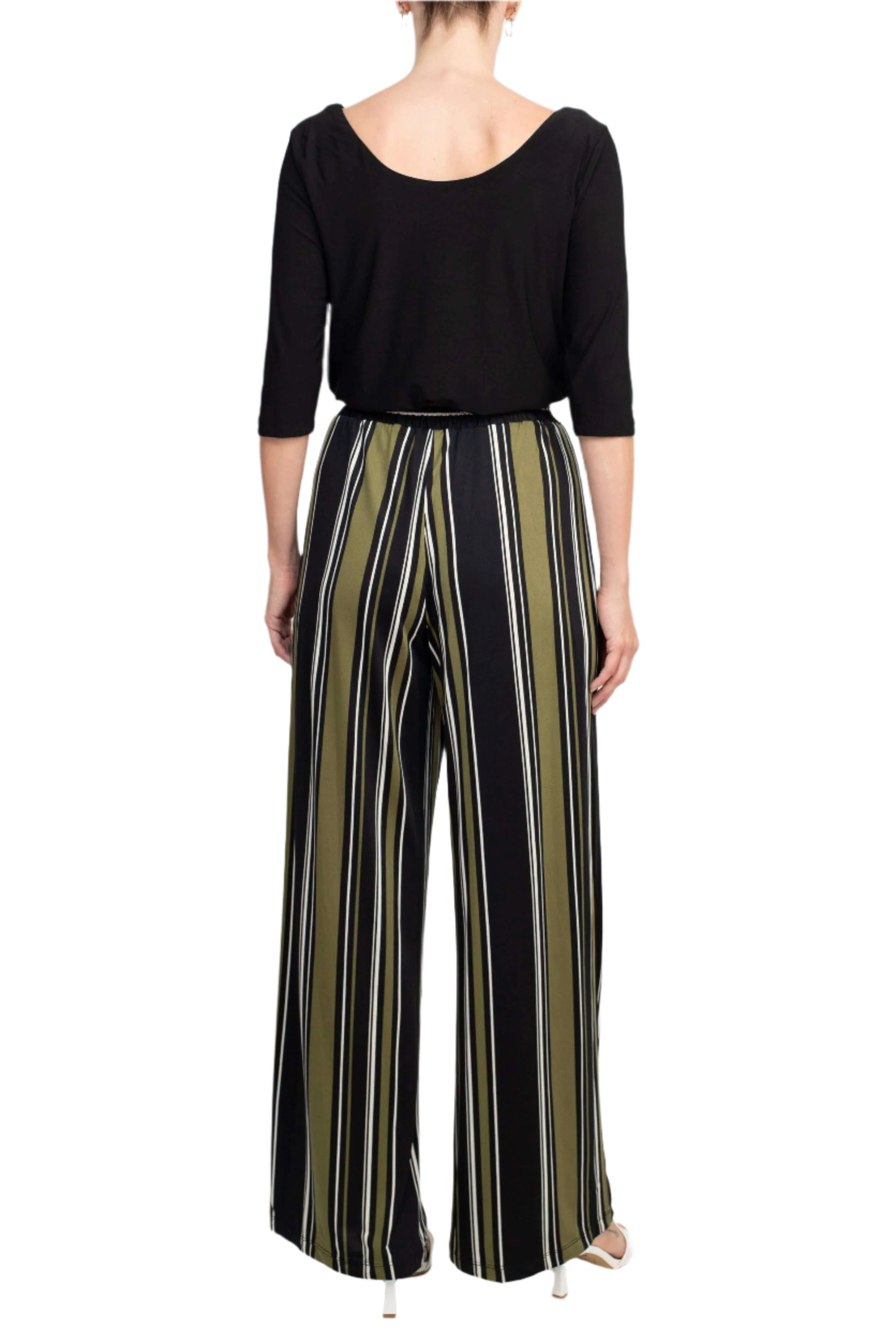 Emma & Michele Cowl Neck 3/4 Sleeve Tie Front Elastic Waist Jersey Jumpsuit - BLACK GREEN - BACK