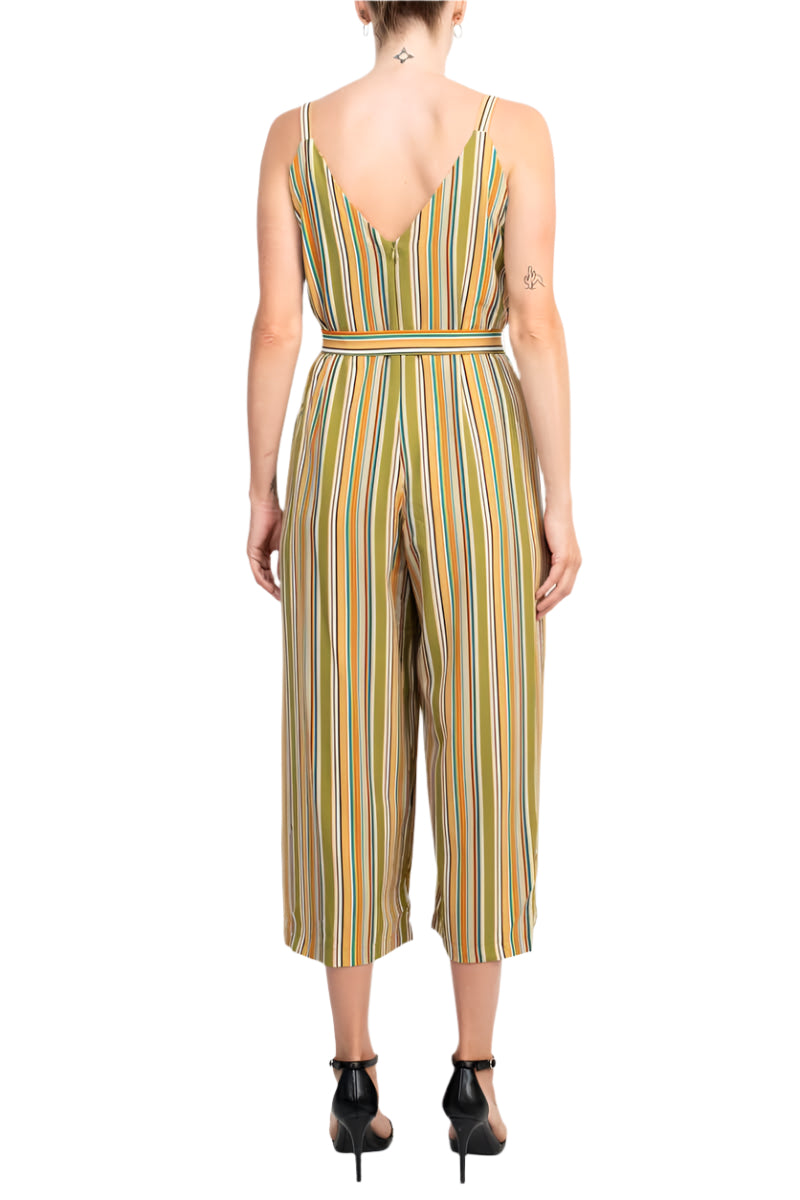 Emma & Michele Banded Strap V-Neck Side Button Zipper Back Tie Waist Stripe Print Crepe Jumpsuit - GREEN - back