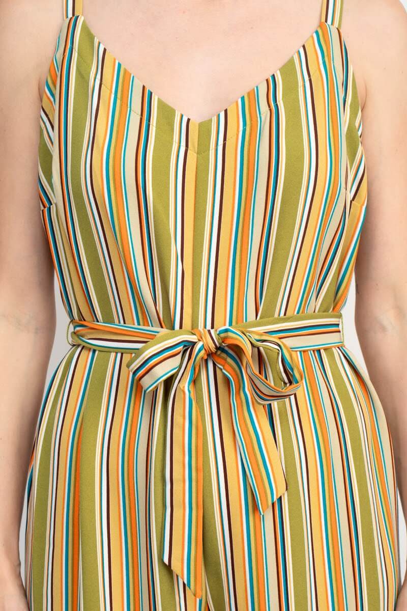 Emma & Michele Banded Strap V-Neck Side Button Zipper Back Tie Waist Stripe Print Crepe Jumpsuit - GREEN - tie waist detail