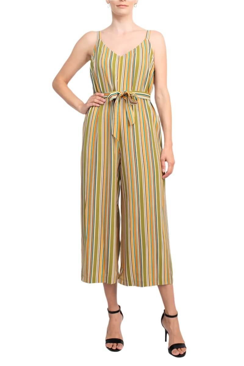 Emma & Michele Banded Strap V-Neck Side Button Zipper Back Tie Waist Stripe Print Crepe Jumpsuit GREEN  - front