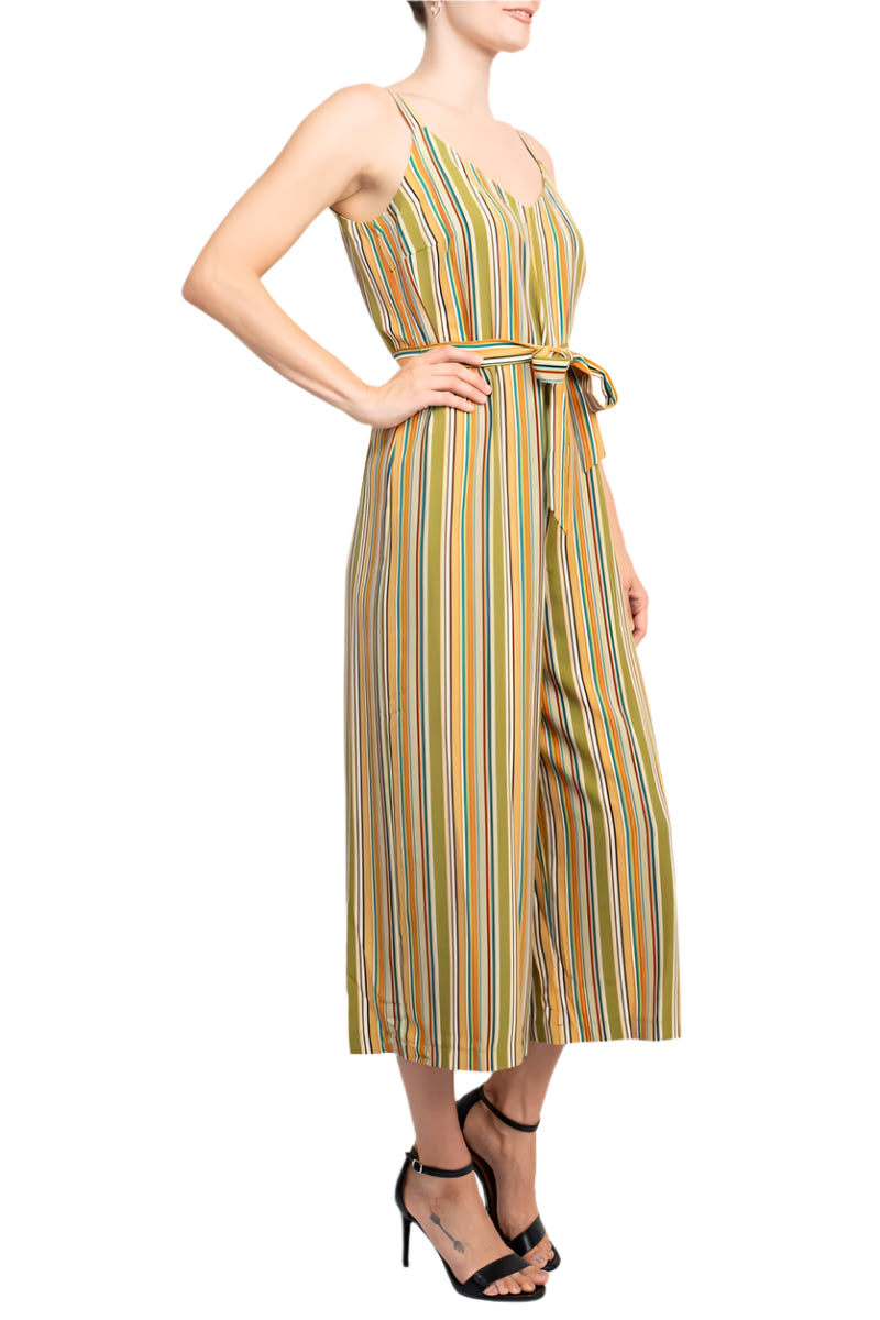 Emma & Michele Banded Strap V-Neck Side Button Zipper Back Tie Waist Stripe Print Crepe Jumpsuit - GREEN - side