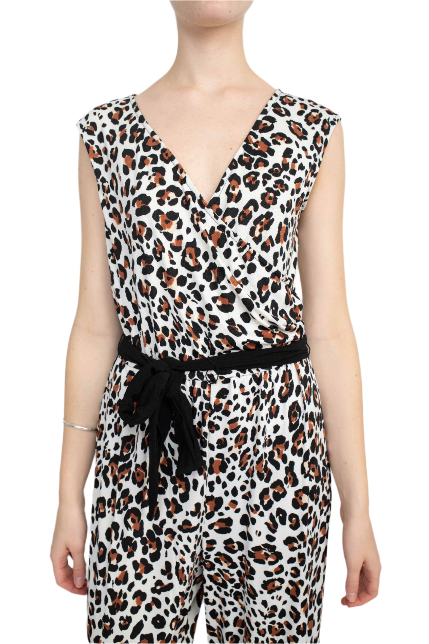 Emma & Michele V-Neck Elastic Waist Cap sleeve Tie Waist Animal Print ITY Jumpsuit - BROWN BLACK - fabric