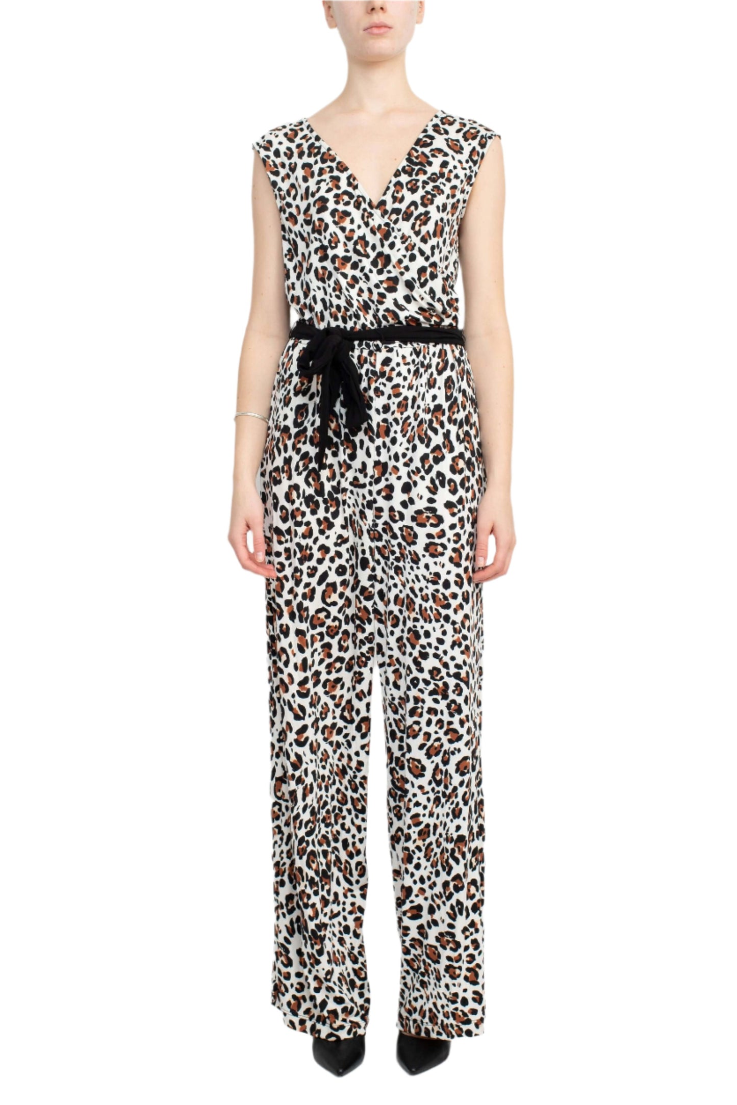 Emma & Michele V-Neck Elastic Waist Cap sleeve Tie Waist Animal Print ITY Jumpsuit - BROWN BLACK - front