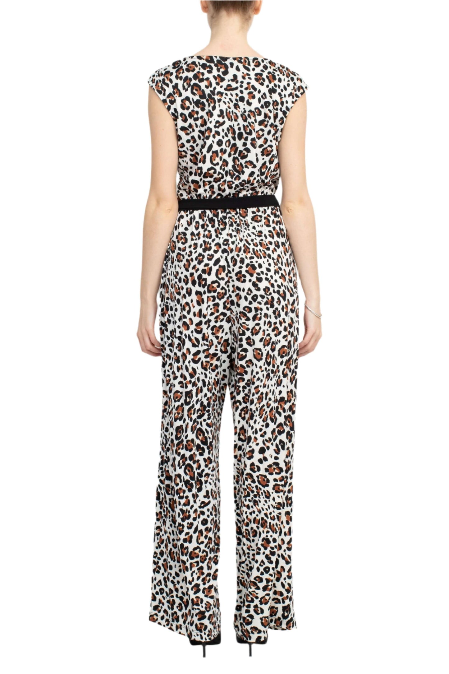 Emma & Michele V-Neck Elastic Waist Cap sleeve Tie Waist Animal Print ITY Jumpsuit - BROWN BLACK - back