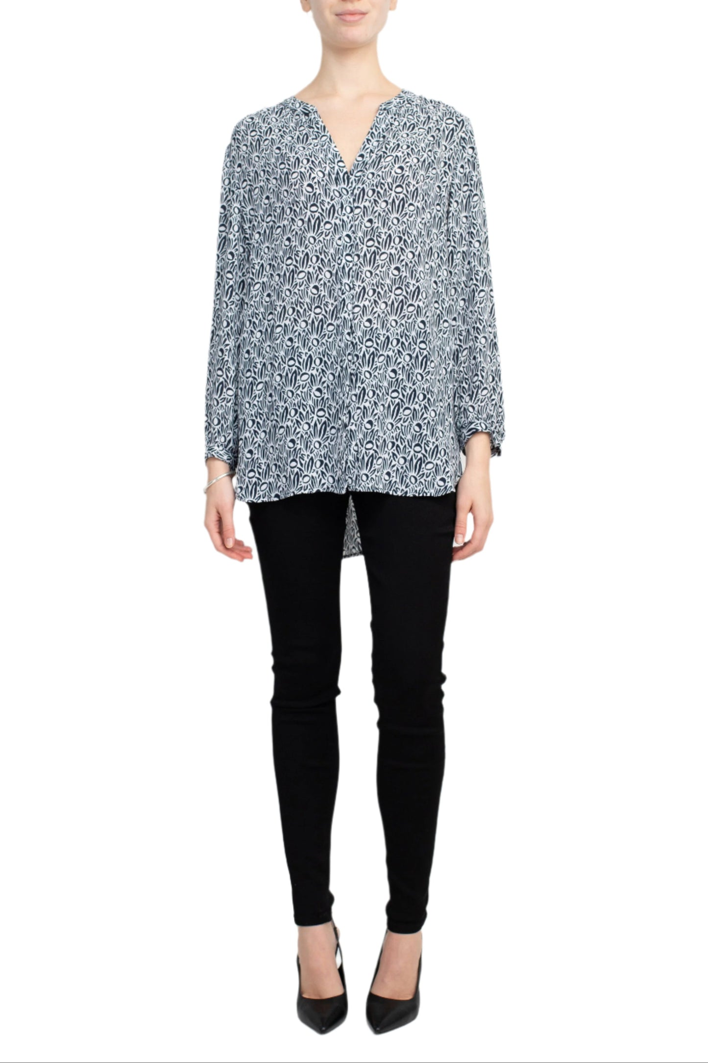 Grace V-Neck Long Sleeves High Low Hem Top - WHITE BLACK - Front Full View