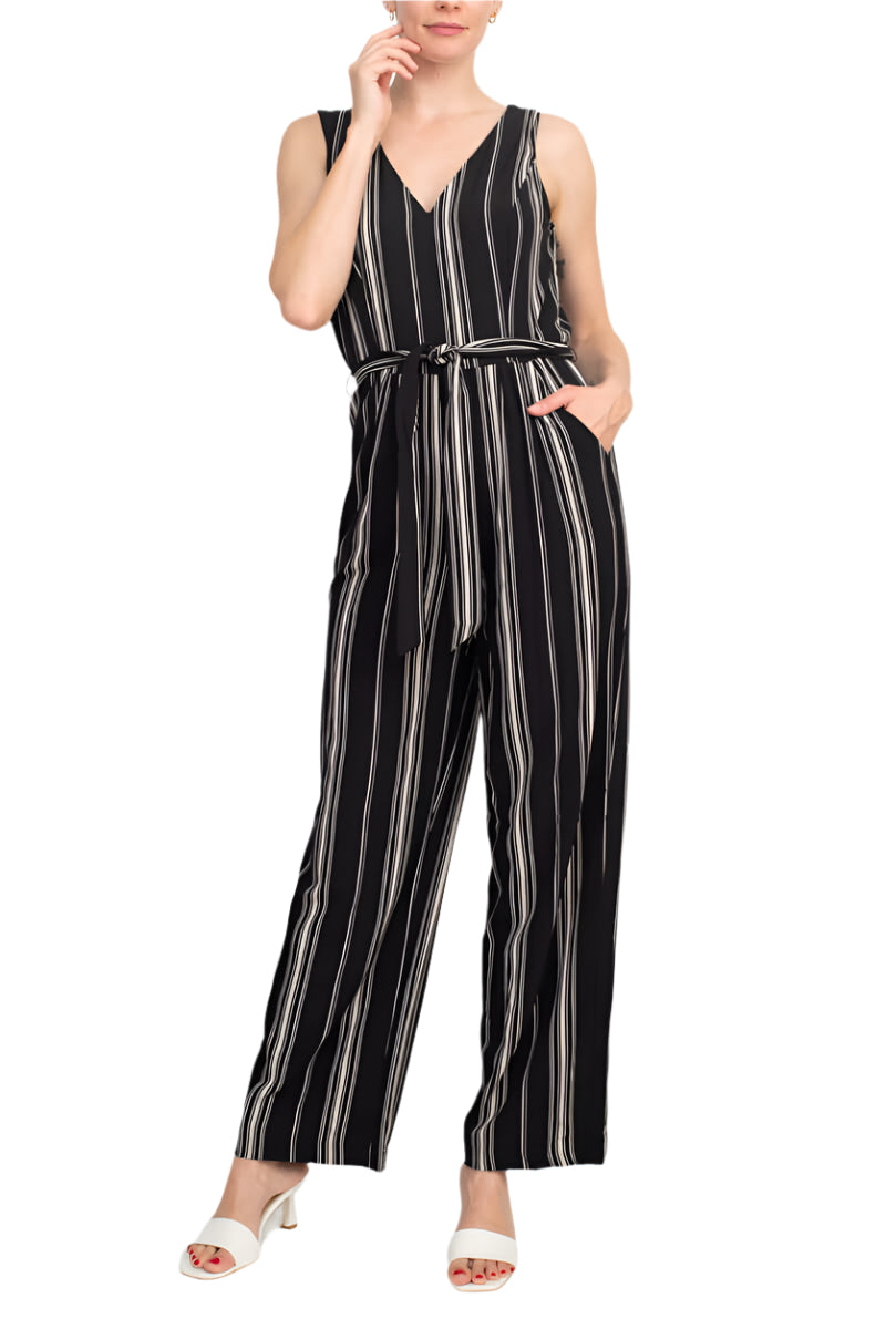 Emma Michele V-Neck Sleeveless Tie Waist Pockets Zipper Back Crepe Jumpsuit - BLACK CREAM - POCKETS