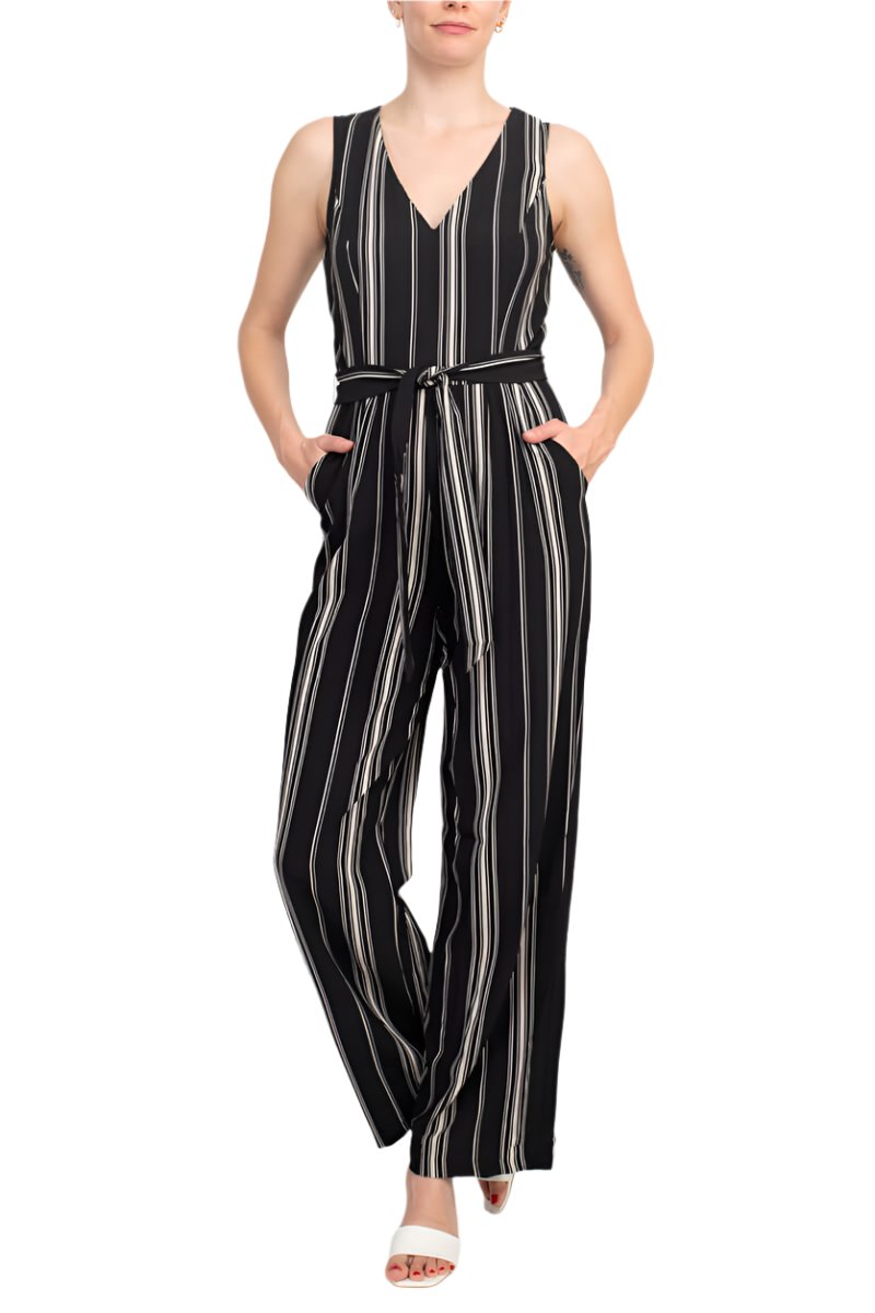 Emma Michele V-Neck Sleeveless Tie Waist Pockets Zipper Back Crepe Jumpsuit - BLACK CREAM - front
