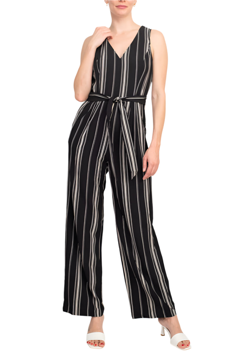 Emma Michele V-Neck Sleeveless Tie Waist Pockets Zipper Back Crepe Jumpsuit - BLACK CREAM - FRONT FULL VIEW