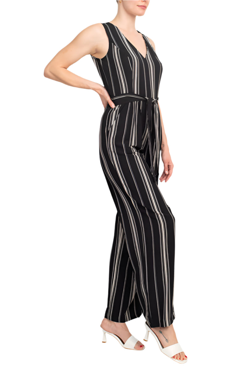 Emma Michele V-Neck Sleeveless Tie Waist Pockets Zipper Back Crepe Jumpsuit - BLACK CREAM - SIDE