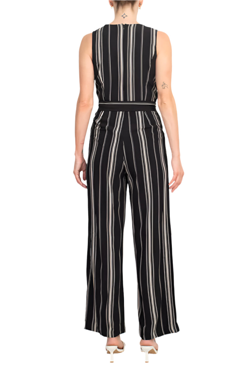 Emma Michele V-Neck Sleeveless Tie Waist Pockets Zipper Back Crepe Jumpsuit - BLACK CREAM - BACK