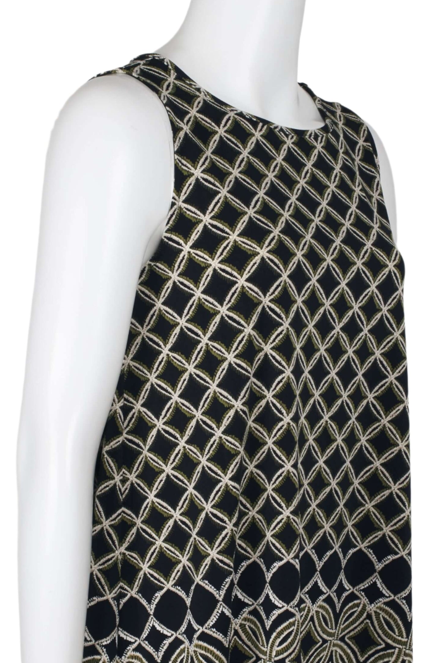 Evan Picone Scoop Neck Sleeveless Moroccan Tile Border Print Shark Bite Hem ITY Top - HUNTER MULTI - Neck View