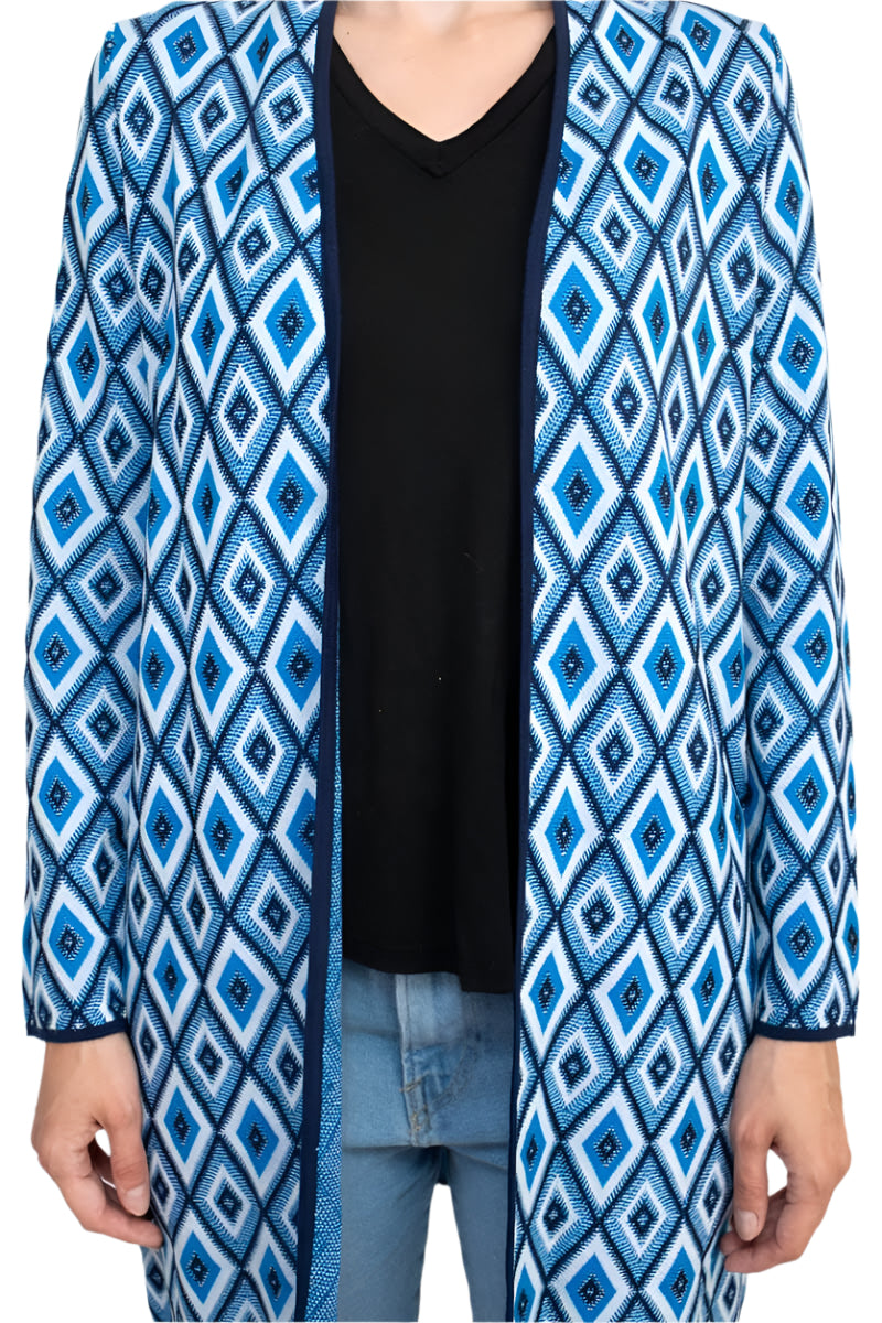 Kasper Open Front Piping Detail Diamond Jacquard Cardigan - BLUE RIBBON COMBO - fabric