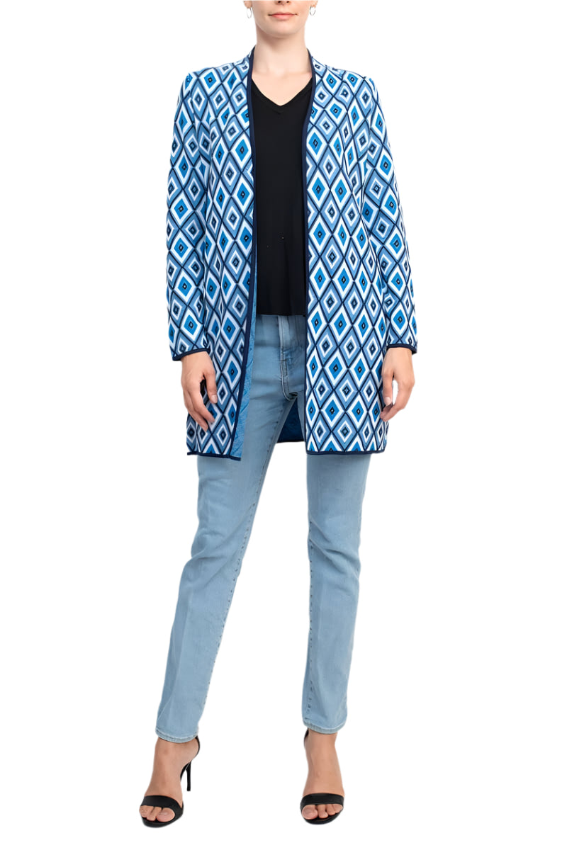 Kasper Open Front Piping Detail Diamond Jacquard Cardigan - BLUE RIBBON COMBO - front view