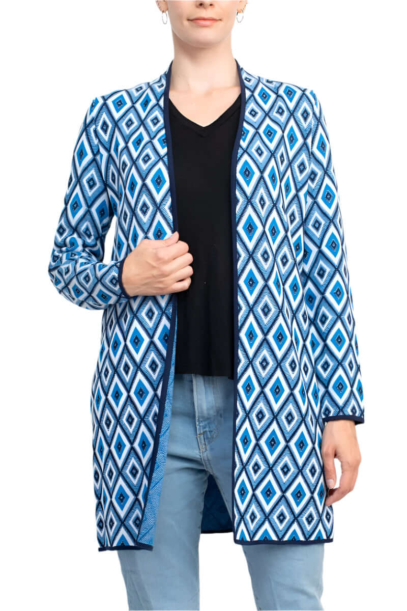 Kasper Open Front Piping Detail Diamond Jacquard Cardigan - BLUE RIBBON COMBO - front