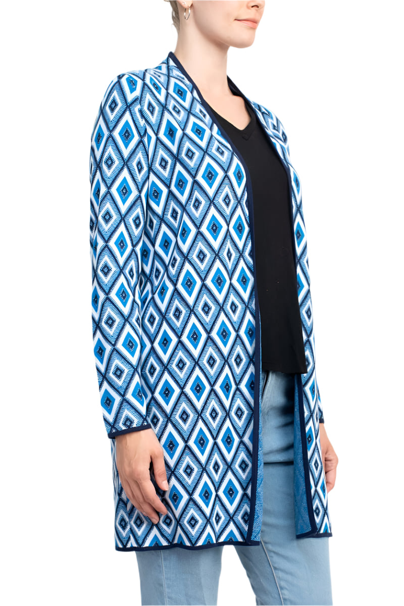 Kasper Open Front Piping Detail Diamond Jacquard Cardigan - BLUE RIBBON COMBO - side