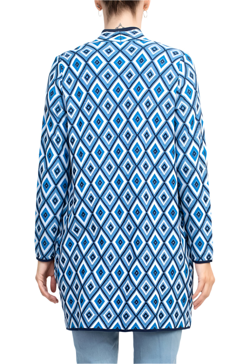Kasper Open Front Piping Detail Diamond Jacquard Cardigan - BLUE RIBBON COMBO - back