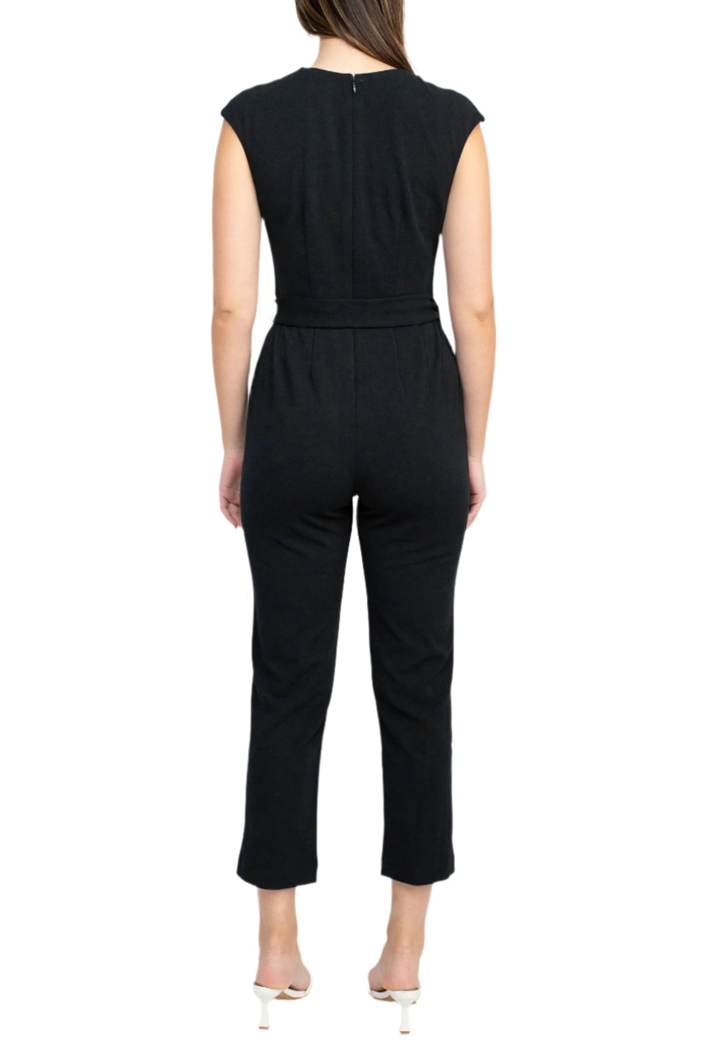 Nine West V-Neck Cap Sleeve Tie Waist Zipper Back Solid Crepe Jumpsuit with Pockets - BLACK - Back