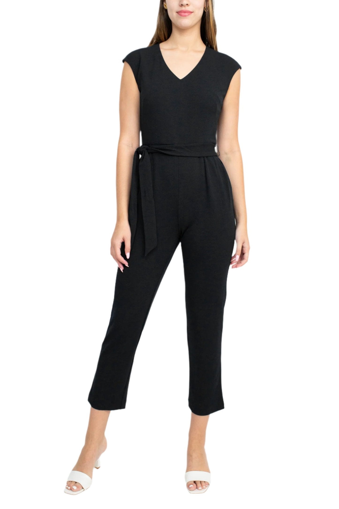 Nine West V-Neck Cap Sleeve Tie Waist Zipper Back Solid Crepe Jumpsuit with Pockets - BLACK - Front