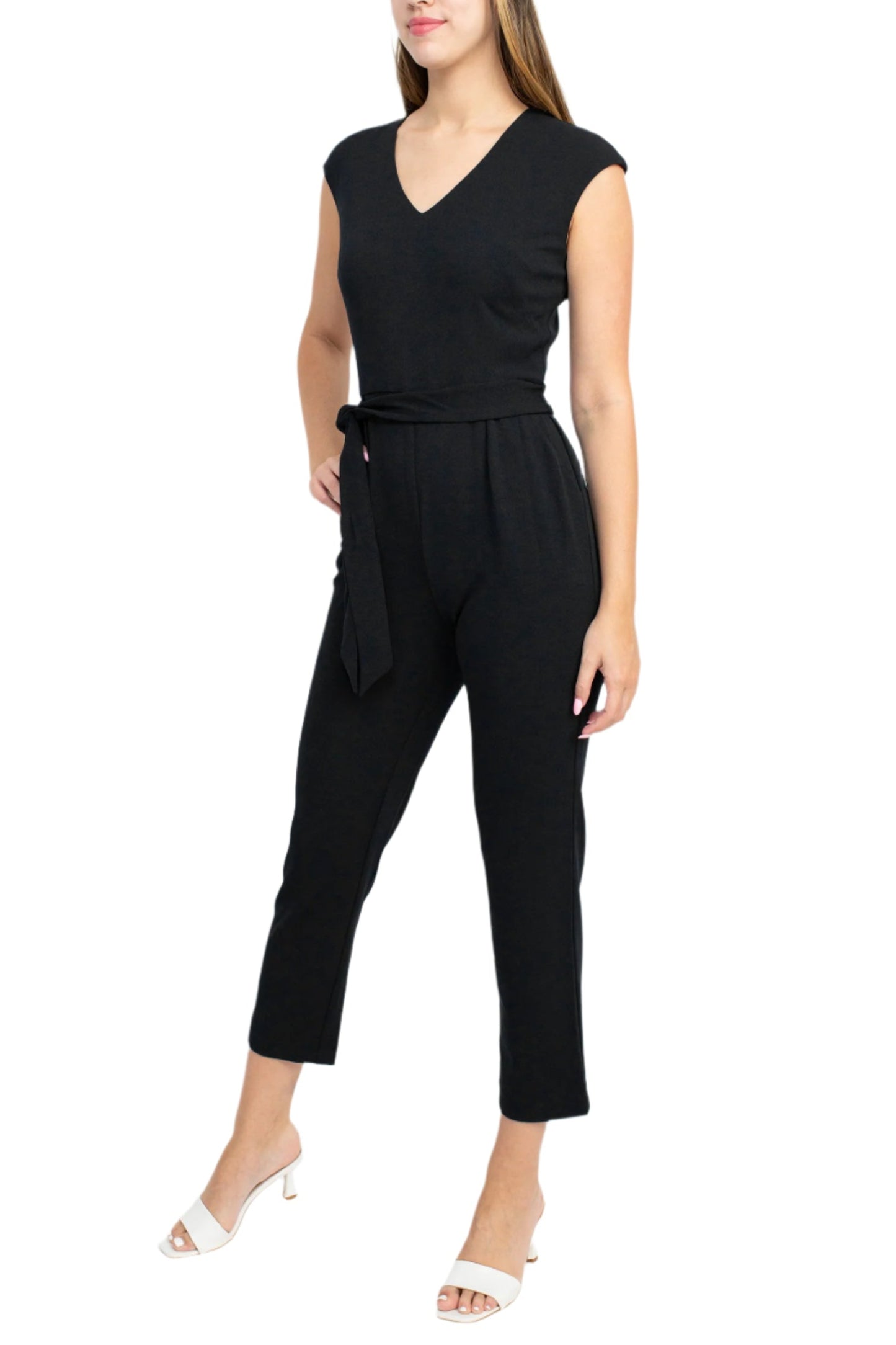Nine West V-Neck Cap Sleeve Tie Waist Zipper Back Solid Crepe Jumpsuit with Pockets - BLACK - Side