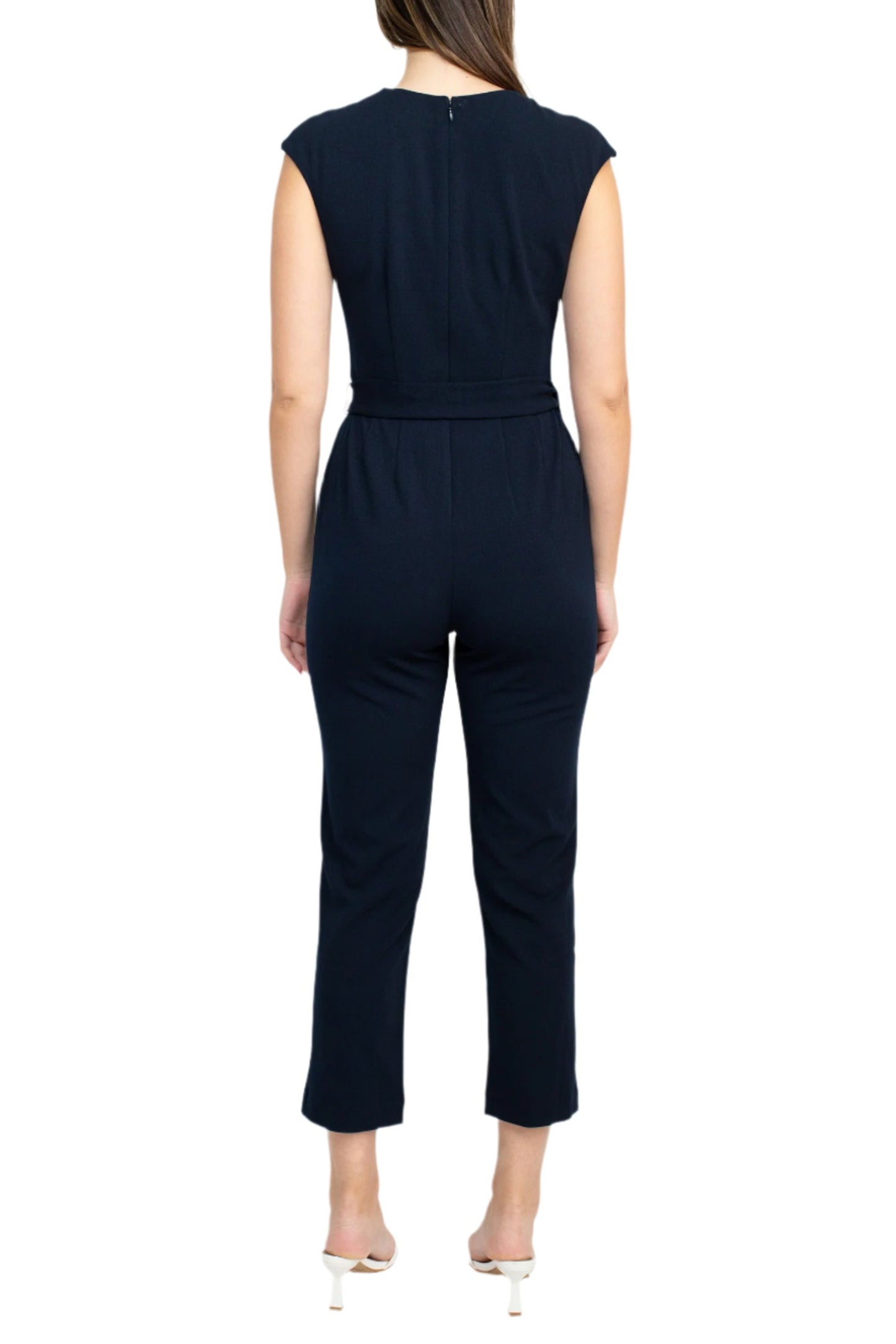 Nine West V-Neck Cap Sleeve Tie Waist Zipper Back Solid Crepe Jumpsuit with Pockets - NAVY - Back