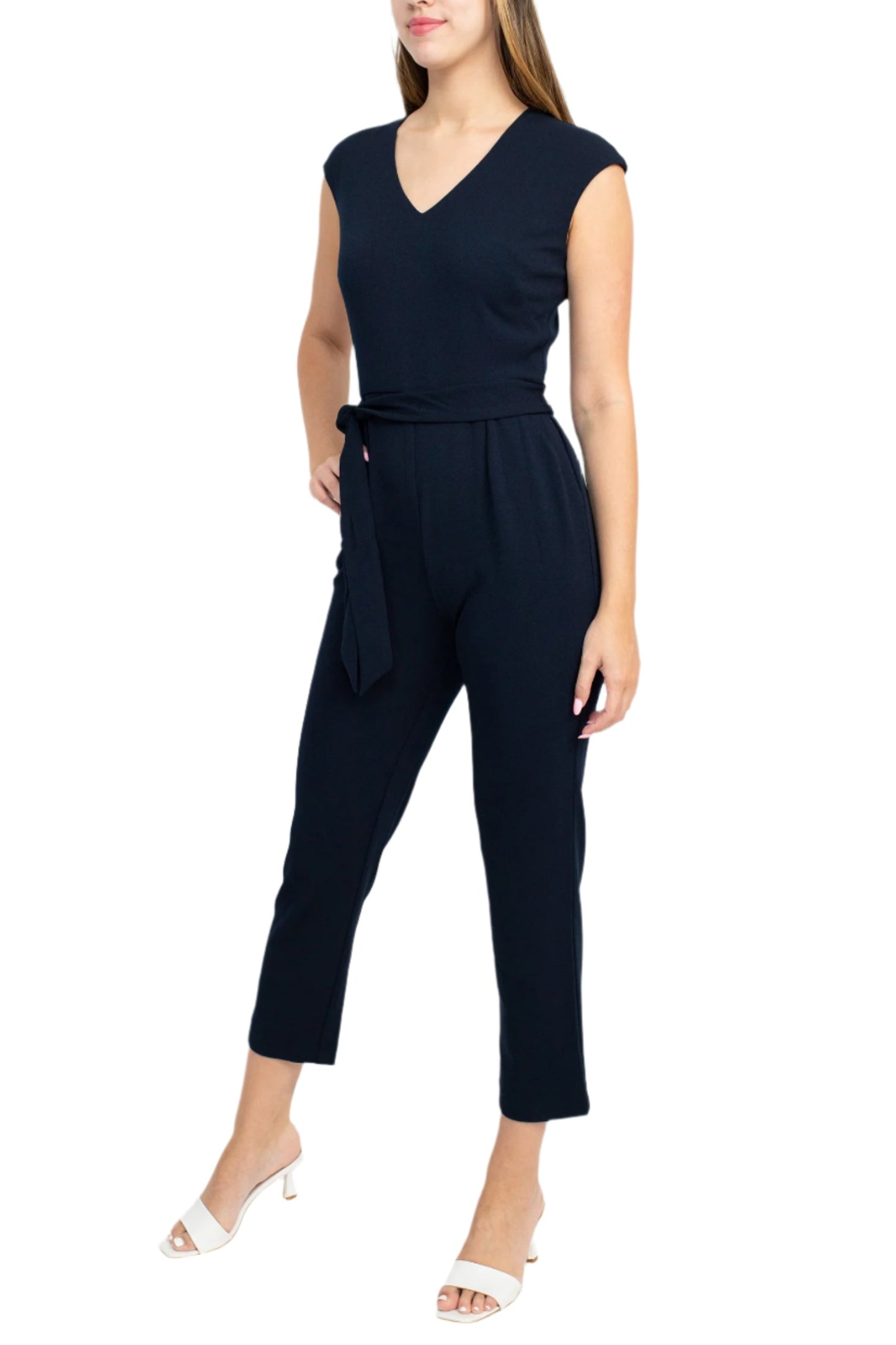 Nine West V-Neck Cap Sleeve Tie Waist Zipper Back Solid Crepe Jumpsuit with Pockets - NAVY - Side