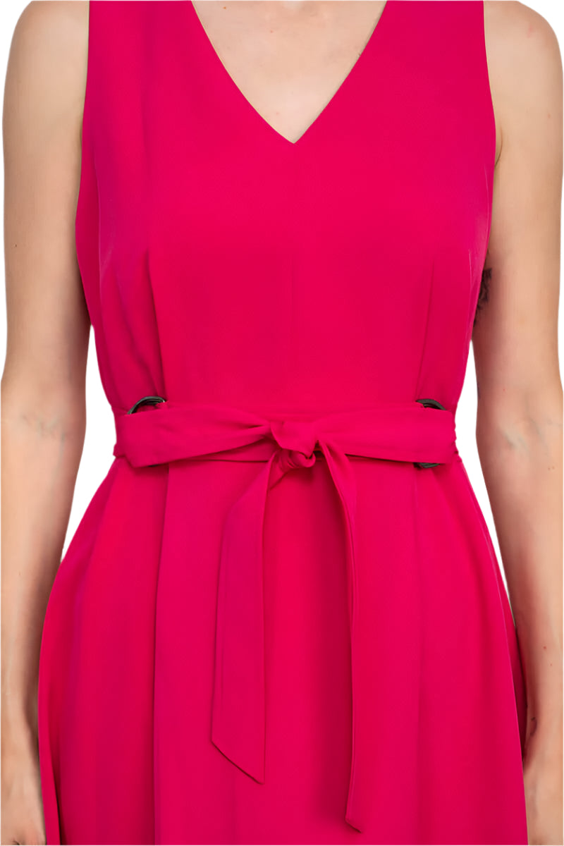 Emma & Michele V-Neck Sleeveless Tie Waist Hi-Low Hem Zipper Back Solid Scuba Dress - FUCHSIA - tie waist detail