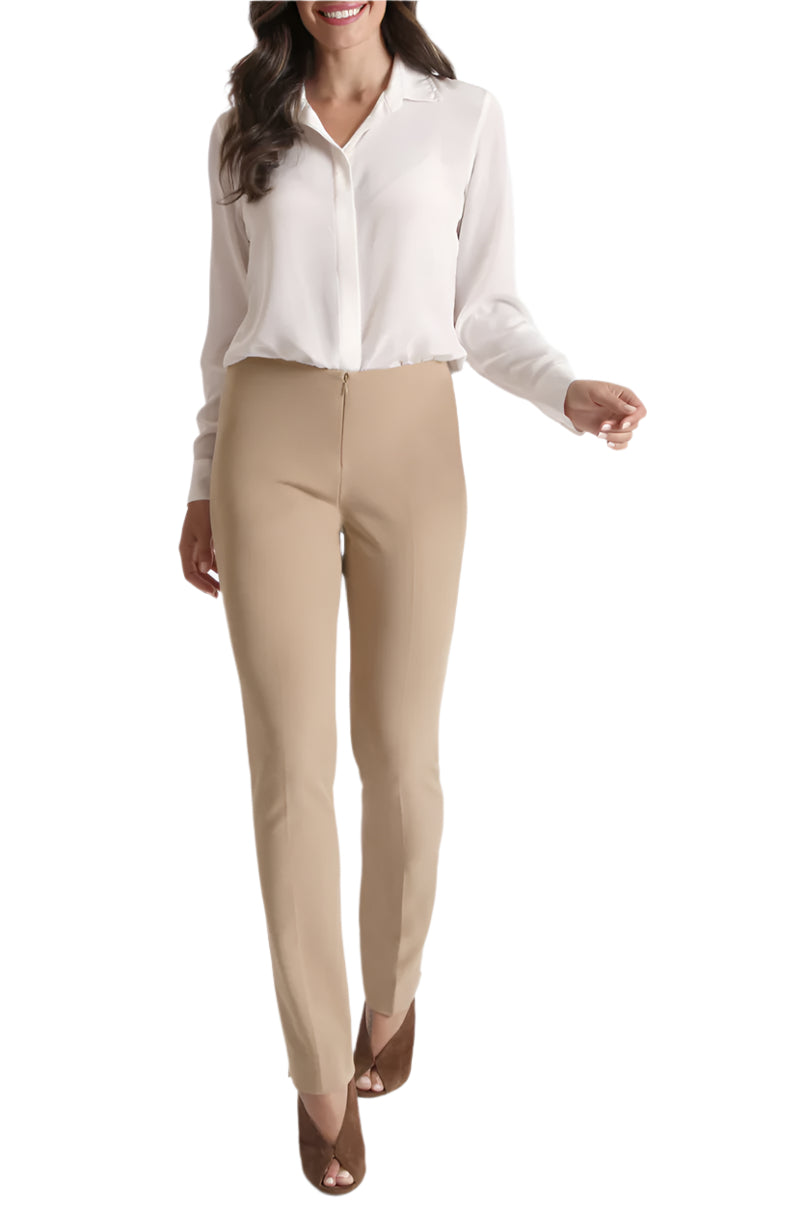 Peace of Cloth Mid Waist No Waistband Hook & Eye Zipper Closure Solid Straight Twill Pant - TAN - front view