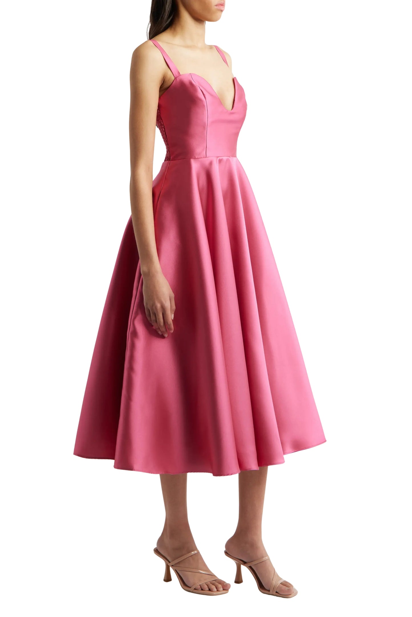 Hutch Hot Deep Sweetheart Neckline Shoulder Straps Bustier Corset Waistline Pleats Smocked Panel Back Side Zipper Fit-and-Flare A-Line Midi Dress