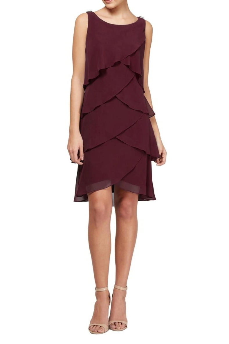 SL Fashion Scoop Neck Sleeveless Tulip Tier Barrel Pins Chiffon Dress - FIG - Front