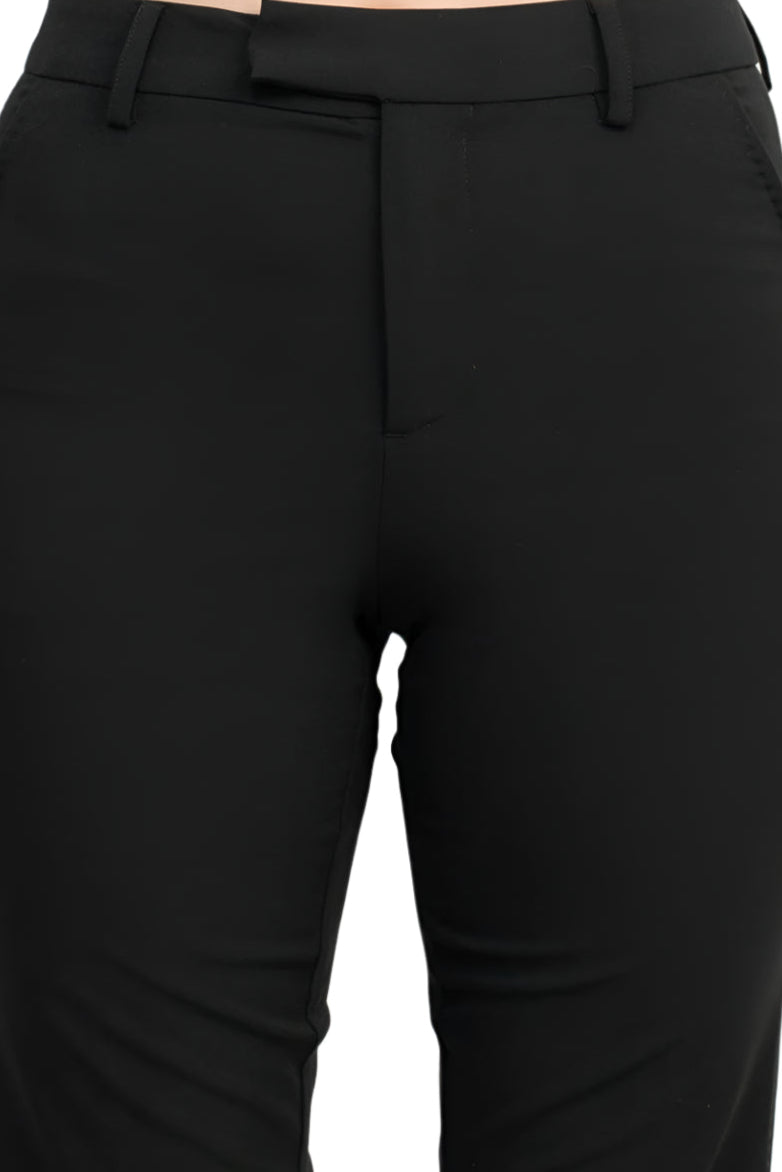 Ecru Designs Mid Waist Hook Button Zip Closure Belt Hoop Straight Solid Crepe Pant - FOREST - Fabric