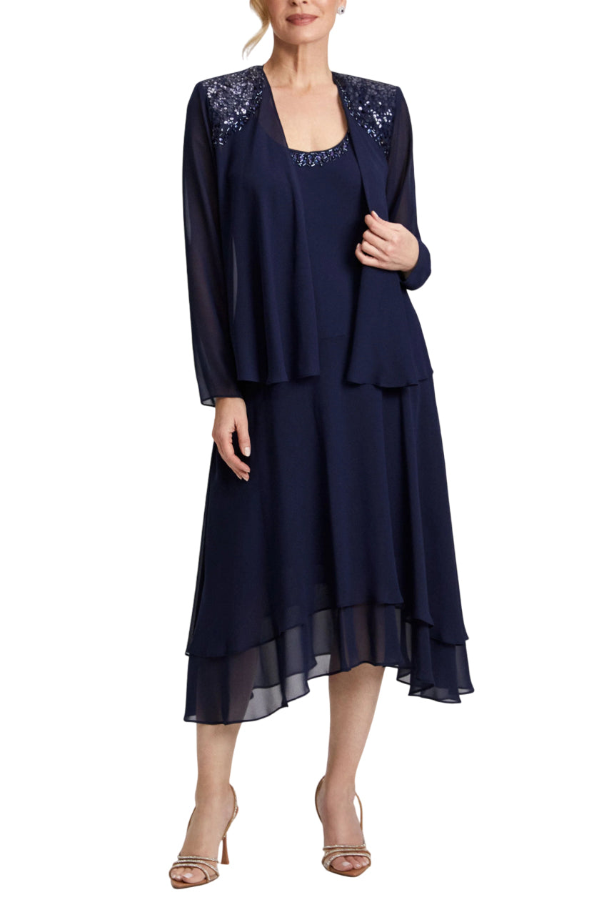 Sl Fashion Beaded Trim Chiffon Dress Jacket Set - NAVY - Front