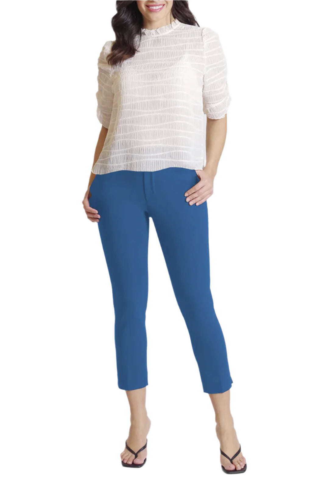 Peace of Cloth Mid Waist Zip Hook & Eye, Button Closure Solid Front Pockets Twill Pant - OCEAN - front view