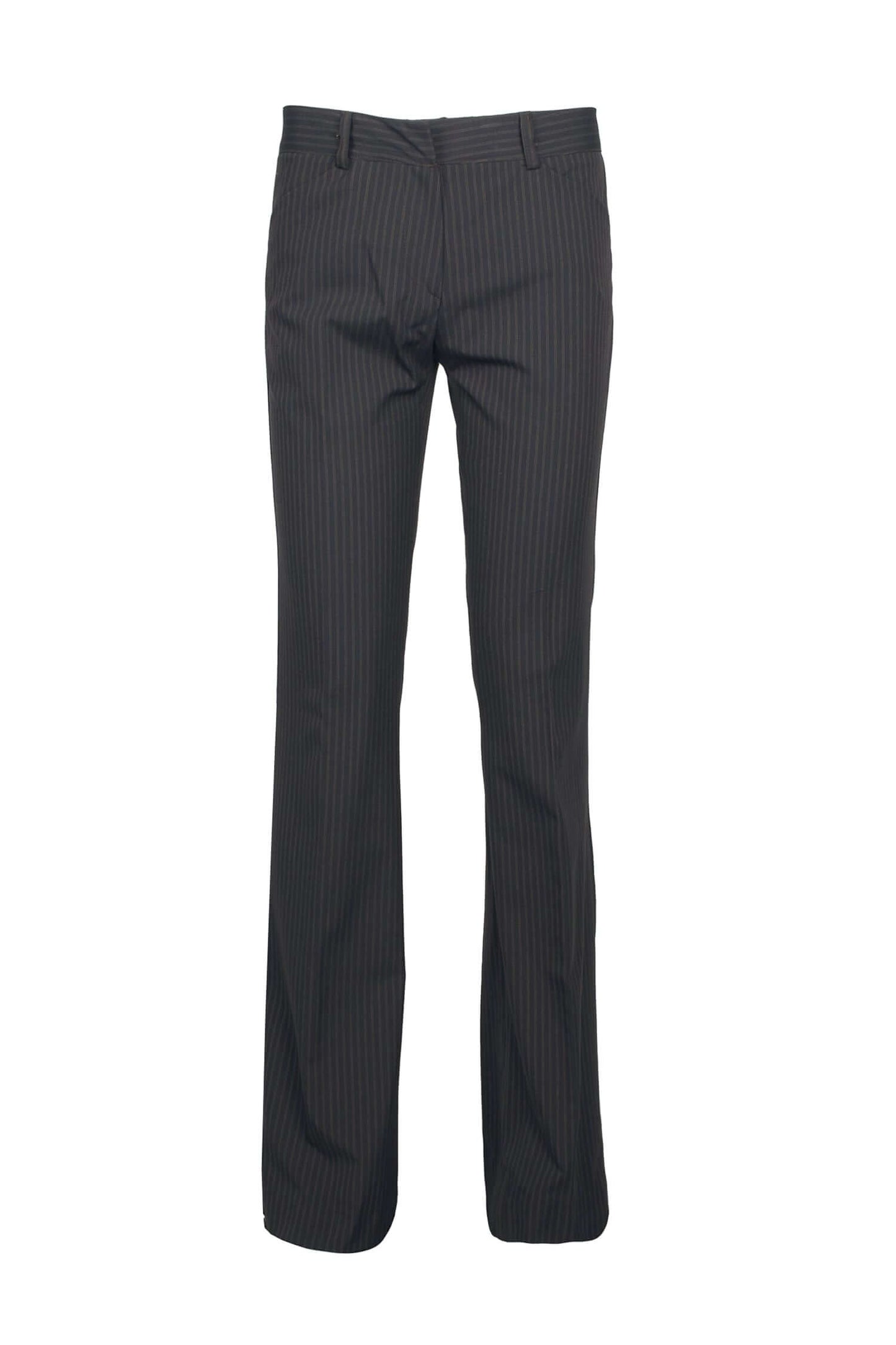 Mid Waist Belt Hoop Hook and Button Closure Zipper Pockets Straight Crepe Pants - BLK BRN THIN STRP - front