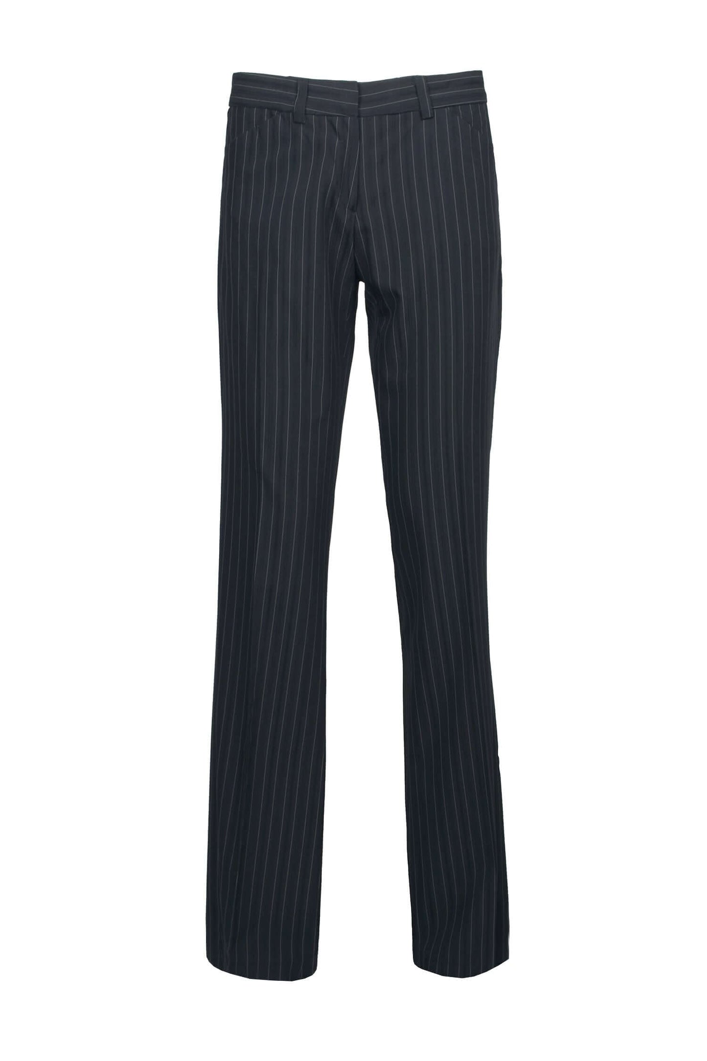 Mid Waist Belt Hoop Hook and Button Closure Zipper Pockets Straight Crepe Pants - BLK WHT THICK STRP - front