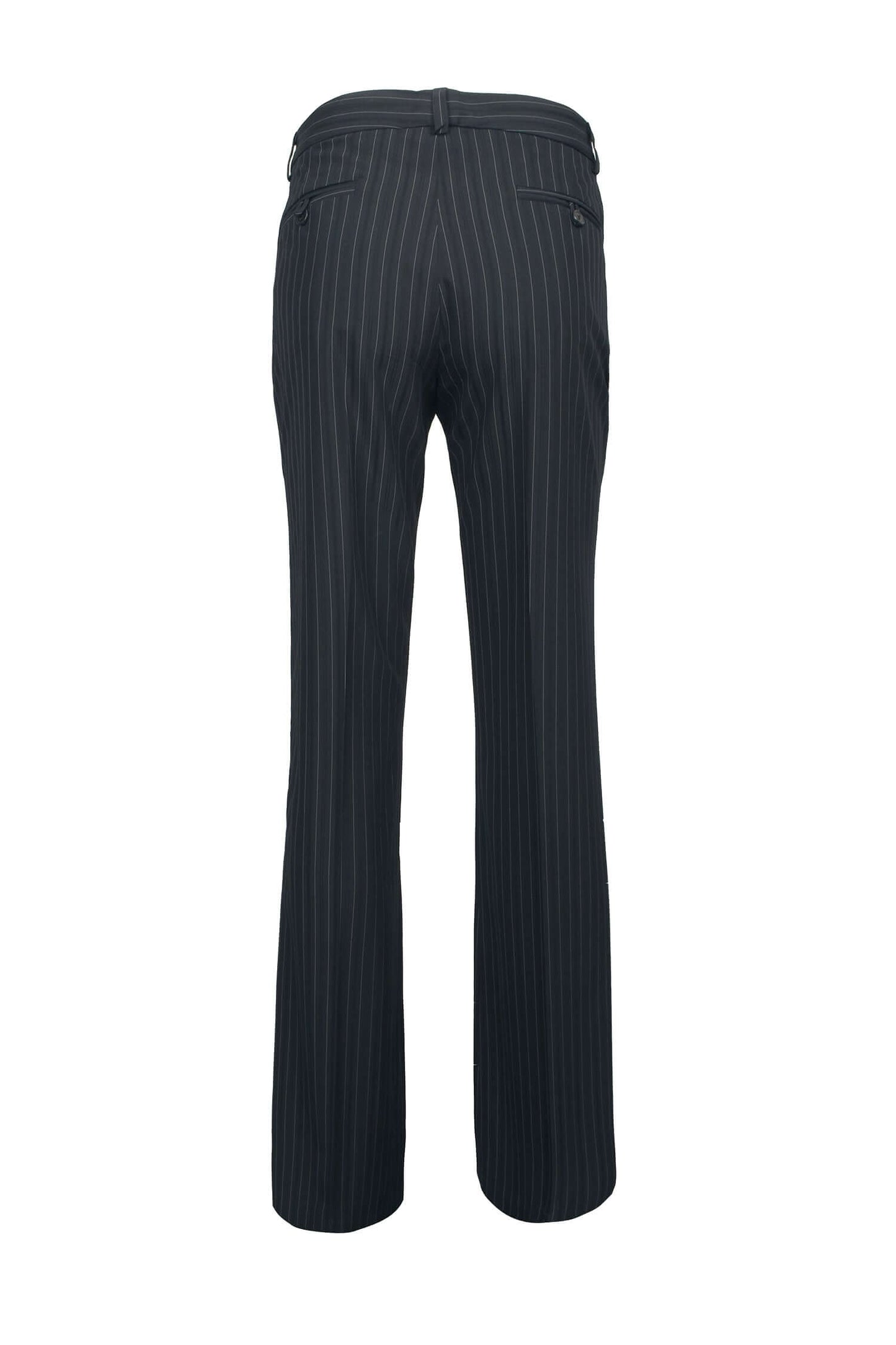Mid Waist Belt Hoop Hook and Button Closure Zipper Pockets Straight Crepe Pants - BLK WHT THICK STRP - back