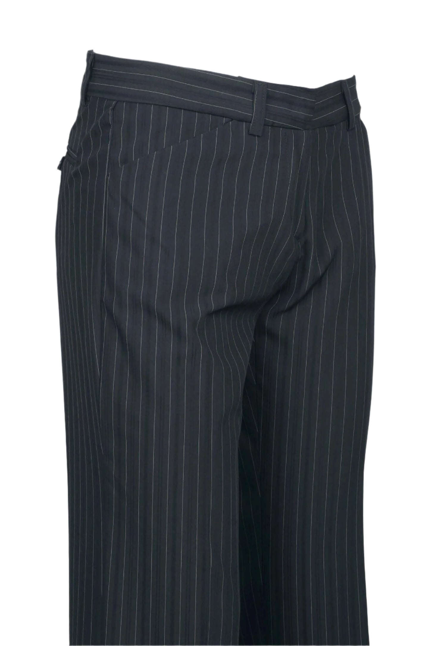 Mid Waist Belt Hoop Hook and Button Closure Zipper Pockets Straight Crepe Pants - BLK WHT THICK STRP - side