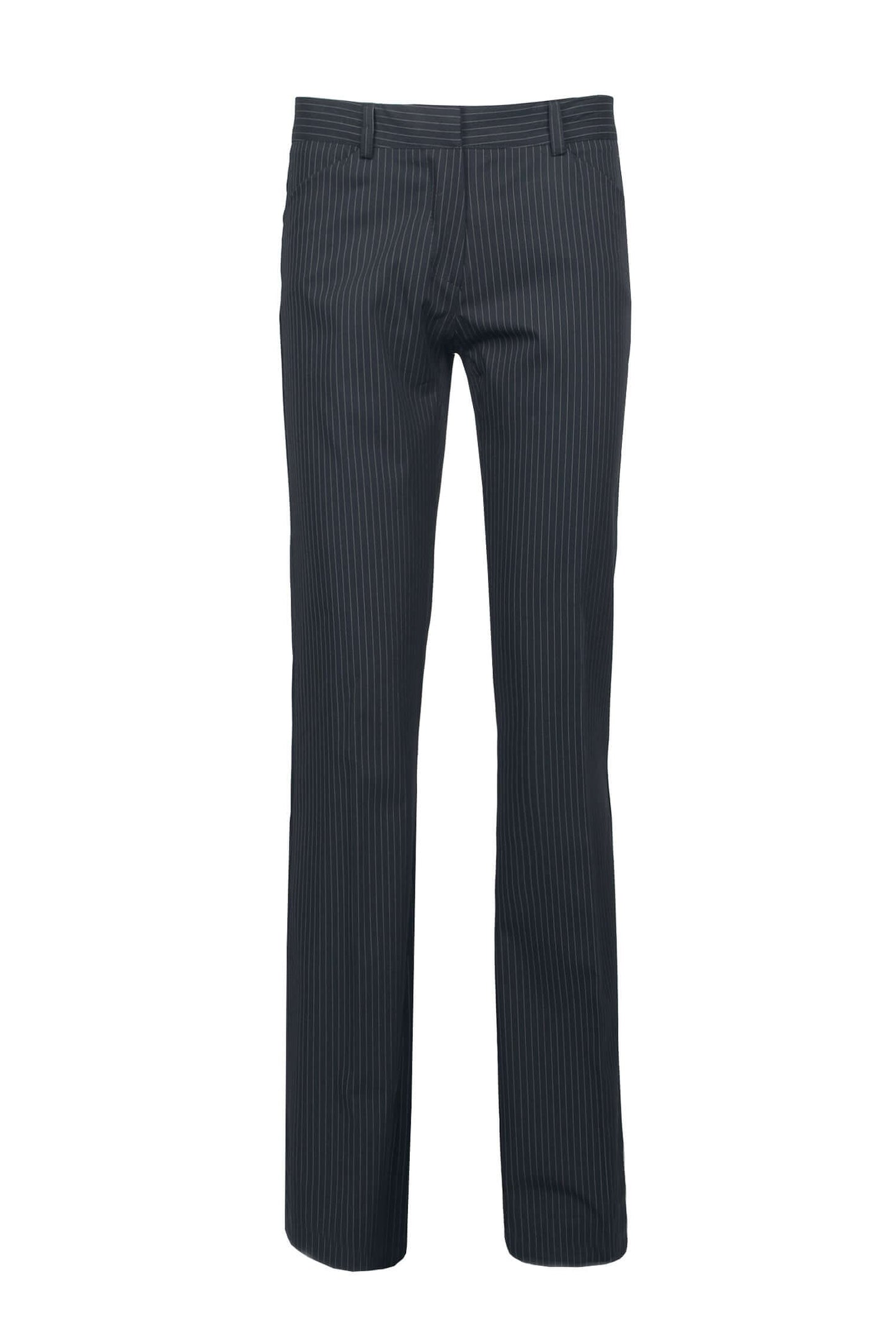 Mid Waist Belt Hoop Hook and Button Closure Zipper Pockets Straight Crepe Pants - BLK WHT THIN STRP - front