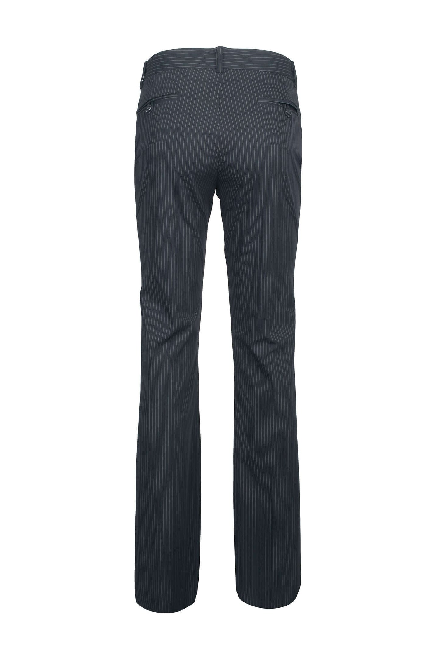 Mid Waist Belt Hoop Hook and Button Closure Zipper Pockets Straight Crepe Pants - BLK WHT THIN STRP - back